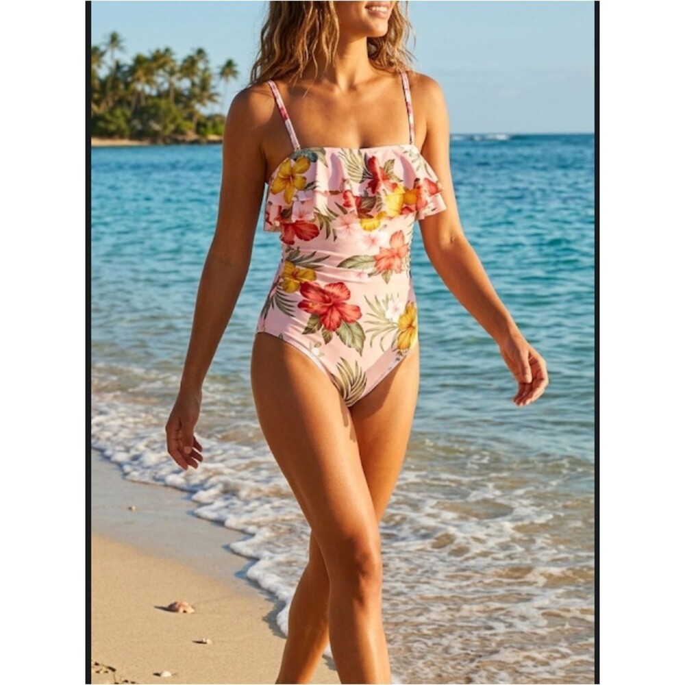 Women's Flounce Front Classic One Piece Swimsuit Multicolor Kona Sol Size L NWT